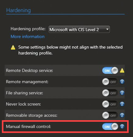 SV Control Panel – Der Abschnitt „Härtung“ auf der Seite „Sicherheit“ mit der aktivierten Option „Manuelle Firewall-Steuerung“