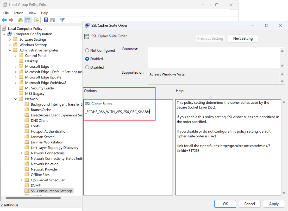 Secure Socket Layer - Hinzufügen einer Chiffre für Synergis™ IX plugin Support.