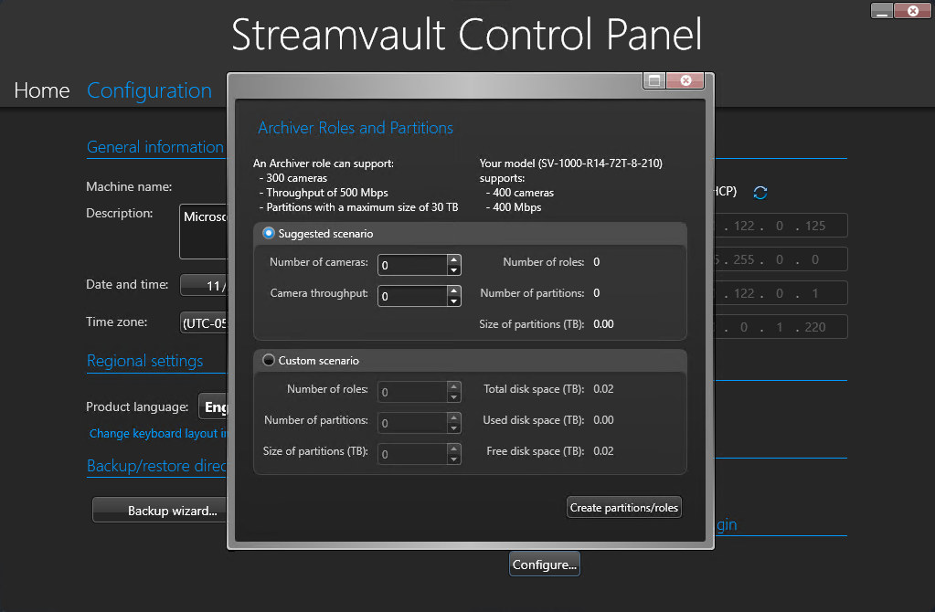 SV Control Panel mit dem Dialogfeld Archivierungrollen und Partitionen, das von der Konfigurationsseite aus geöffnet wird.