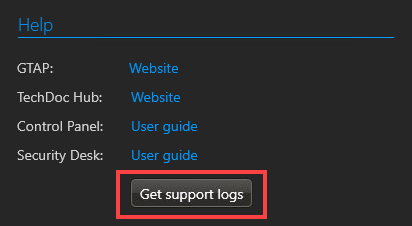 SV Control Panel – Funktion „Support-Protokolle abrufen“ auf der Seite „Informationen“