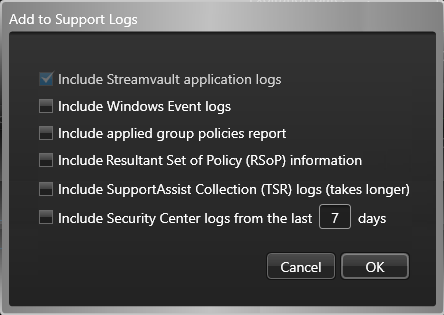 SV Control Panel – Seite „Informationen“ – Dialogfeld „Zu Support-Protokollen hinzufügen“