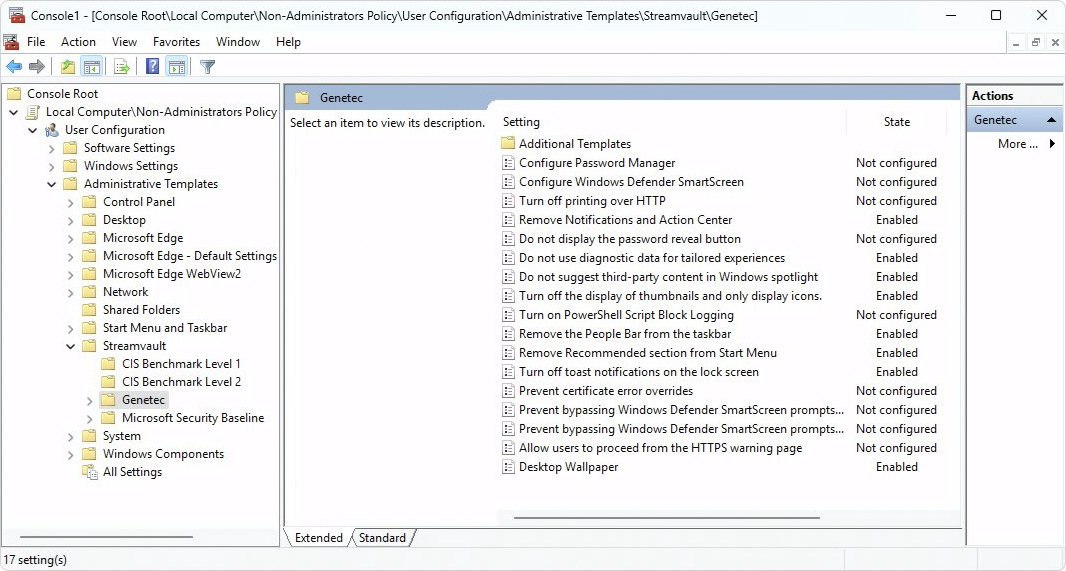 Microsoft Management Console – mit den Gruppenrichtlinienobjekten im Genetec-Ordner, die für die Gruppe „Nicht-Administratoren“ festgelegt wurden