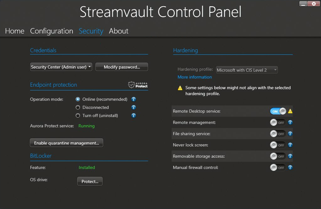 The Security page of the Streamvault Control Panel.