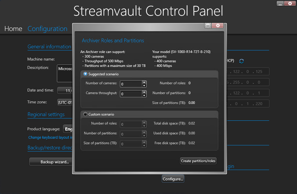 SV Control Panel showing the Archiver Roles and Partitions dialog box that opens from the Configuration page.
