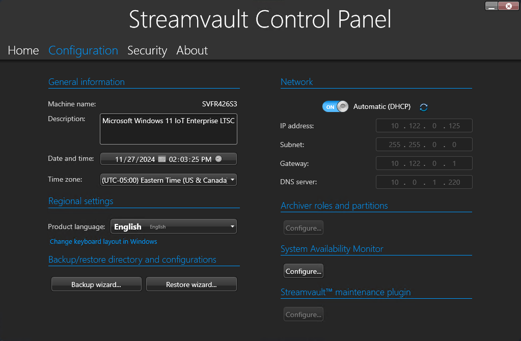 The Streamvault Control Panel showing the Configuration page.