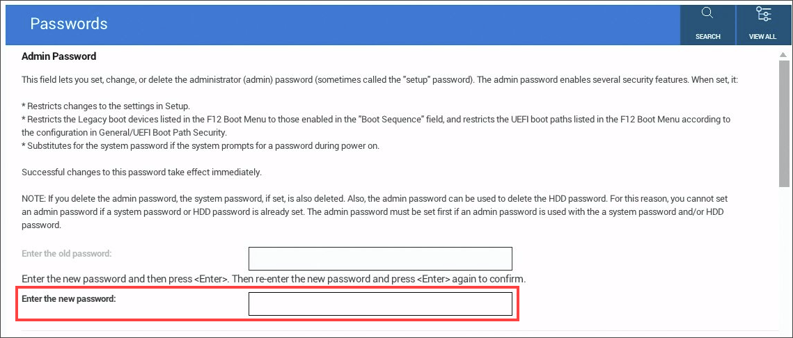 BIOS Setup for All-in-one appliance and workstations - Entering a new admin password.