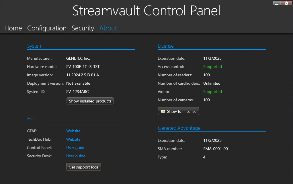 SV Control Panel showing the About page.