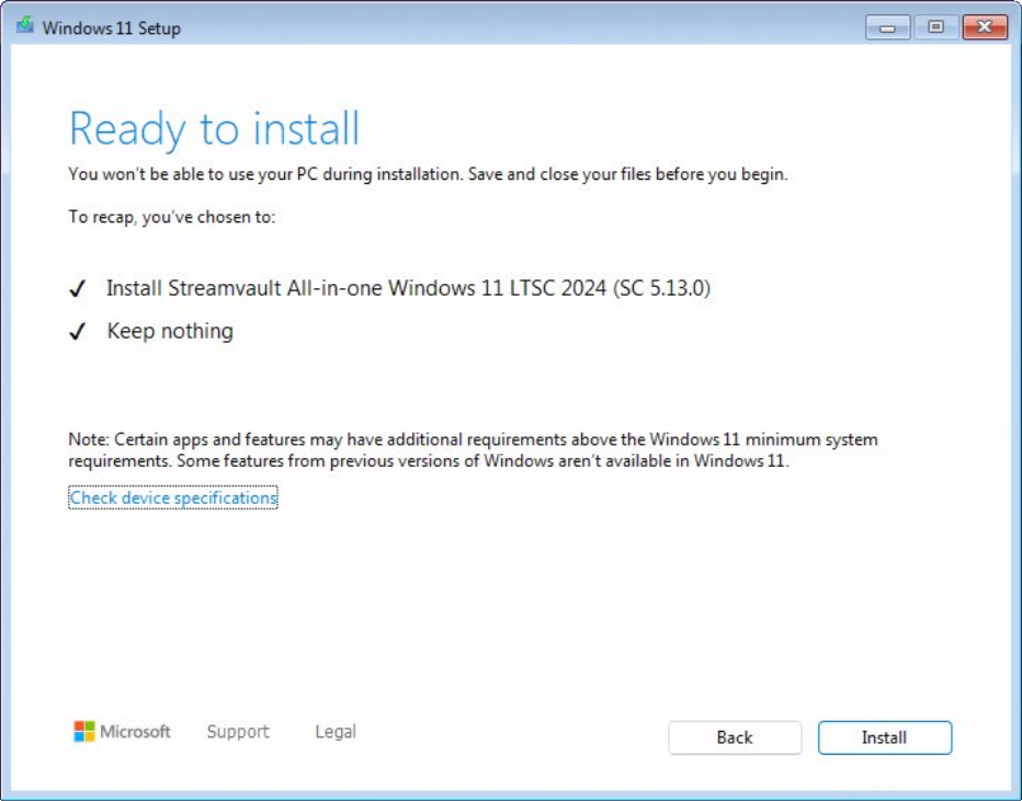 El asistente de Configuración de Windows 11 que muestra la pantalla de Listo para instalar.
