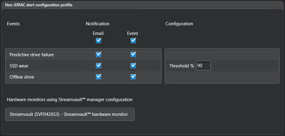 Streamvault manager: sección del perfil de configuración de alertas que no son de iDRAC en la pestaña de General.