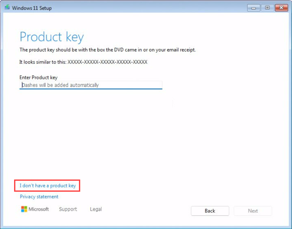 El asistente de Configuración de Windows 11 que muestra la pantalla de Clave de producto.