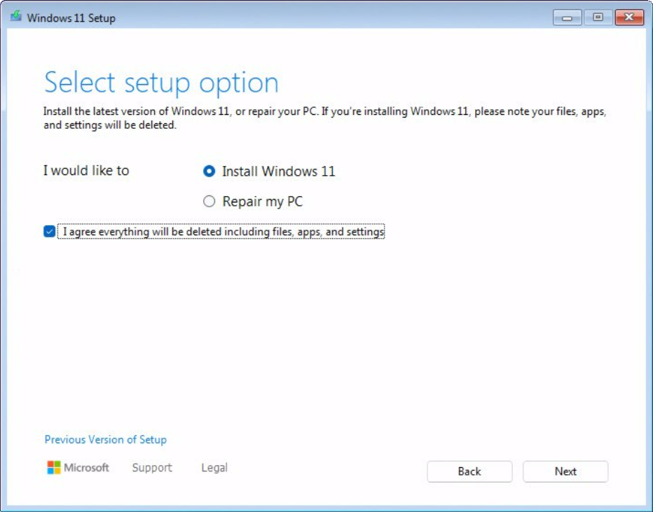 El asistente de Configuración de Windows 11 que muestra la pantalla de Seleccionar opción de configuración.