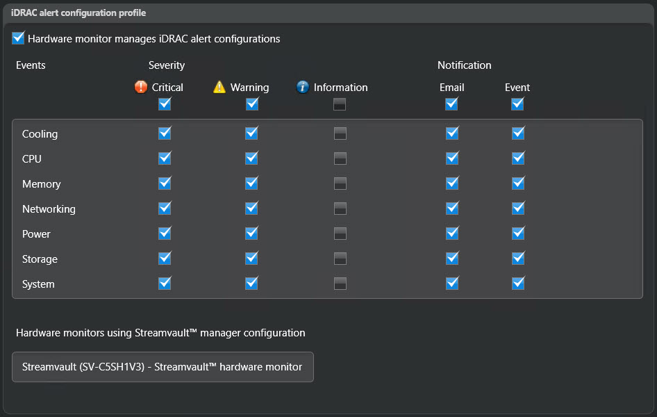 Streamvault manager: sección del perfil de configuración de alertas de iDRAC en la pestaña de General.