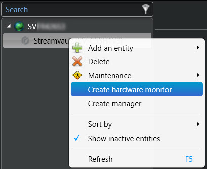 Función del complemento Streamvault: creación de manera manual de la entidad de monitor de hardware en un servidor Streamvault.