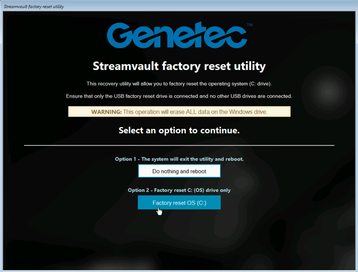 Utilidad de restablecimiento de fábrica de Streamvault que muestra la opción de restablecimiento de fábrica del sistema operativo (C:) seleccionada.