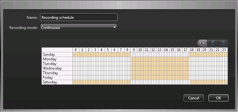 El horario de grabación en la página de configuración de Grabación.