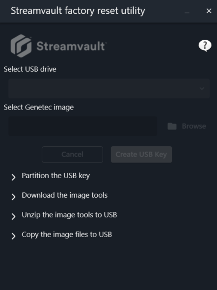 Streamvault Factory Reset Utility montrant comment créer une clé USB de réinitialisation d'usine.