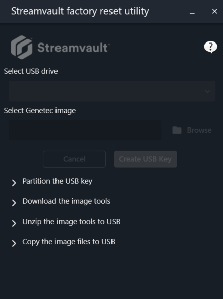 Streamvault factory reset utility showing how to create a factory reset USB key.