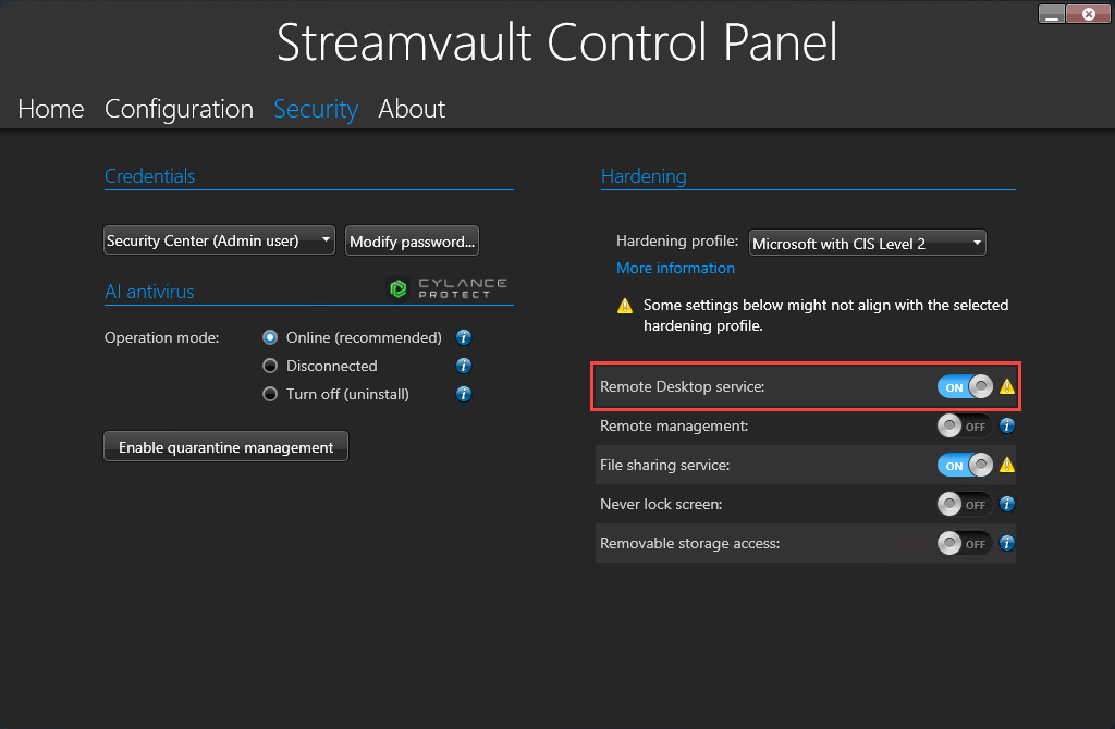 SV Control Panel - Security page showing the Remote Desktop service option turned on.