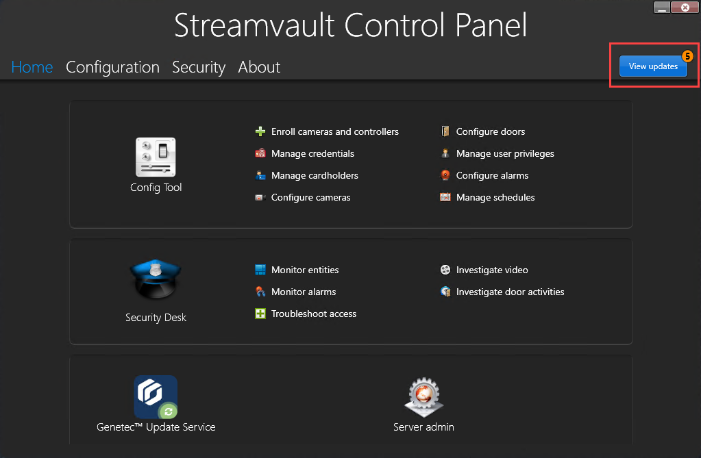 SV Control Panel - Homepage showing the View updates button.