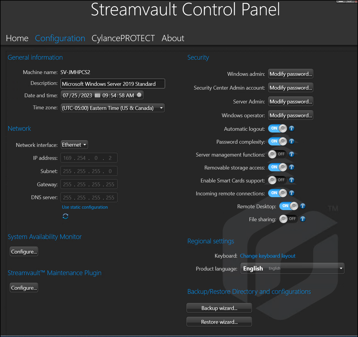 Streamvault Control Panel, showing the features of the Configuration page.
