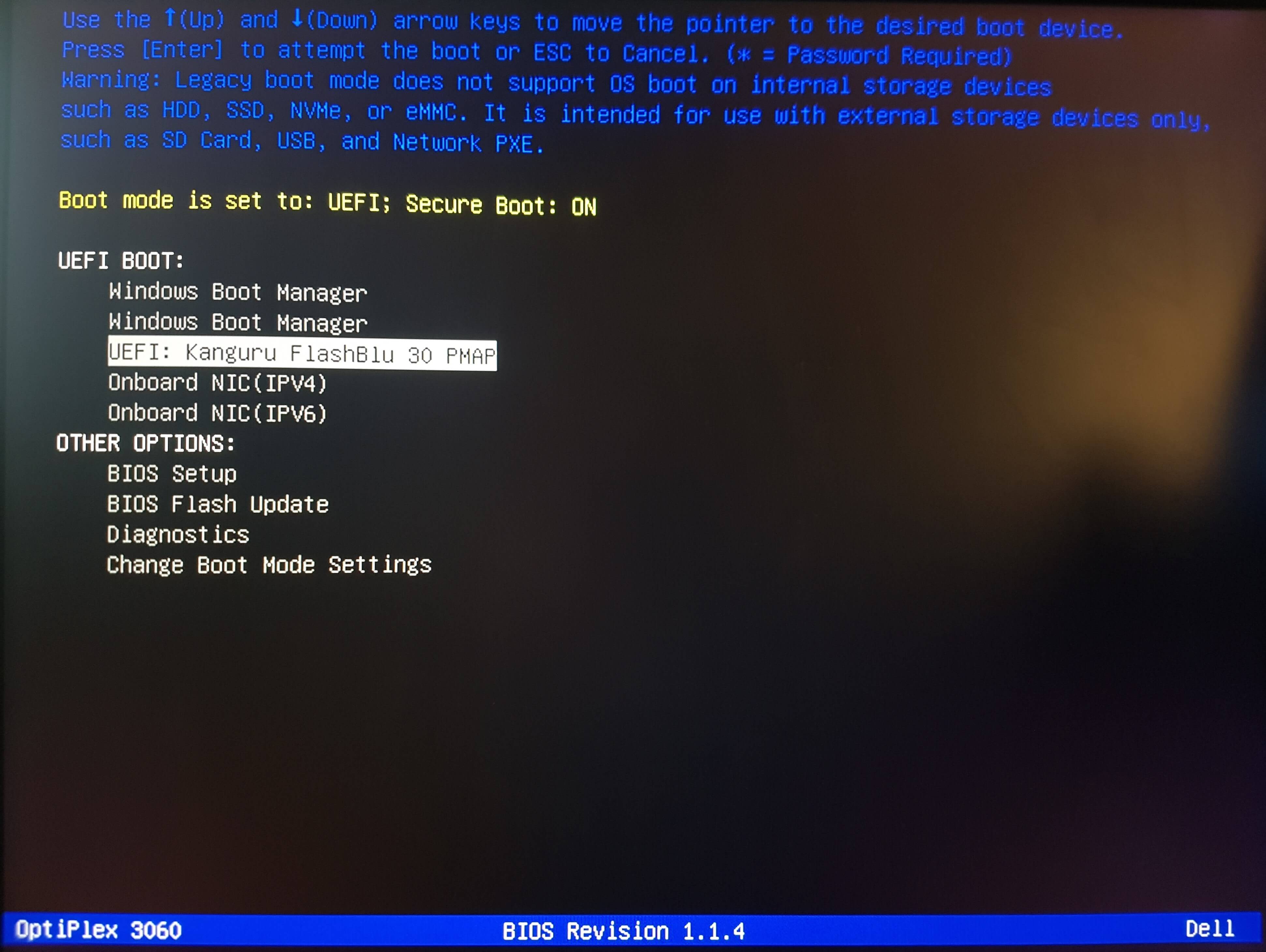 Boot menu shown when resetting the software image on an appliance using a bootable USB.