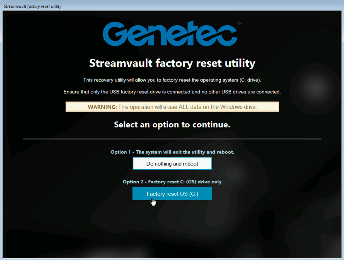Streamvault factory reset utility showing the Factory reset OS (C:) option selected.