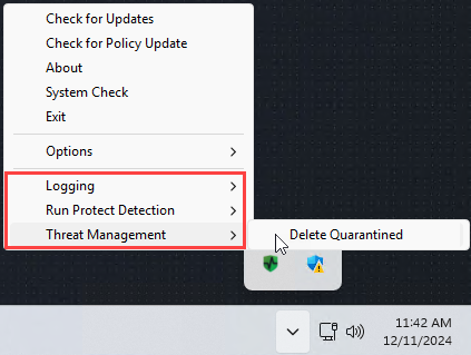 Logging, Run Protection Detection, and Threat Management options added to the right-click menu of the Cylance icon in the Windows taskbar.