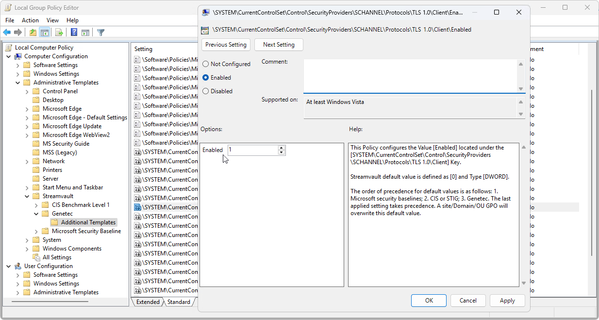 Local Group Policy Editor showing the TLS 1.0 client [Enabled] value set to 1.