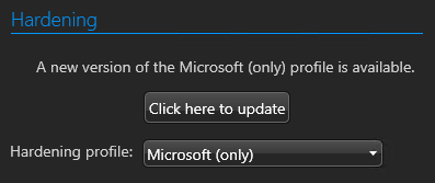 SV Control Panel - Hardening section showing the Click here to update button to update the hardening profile.