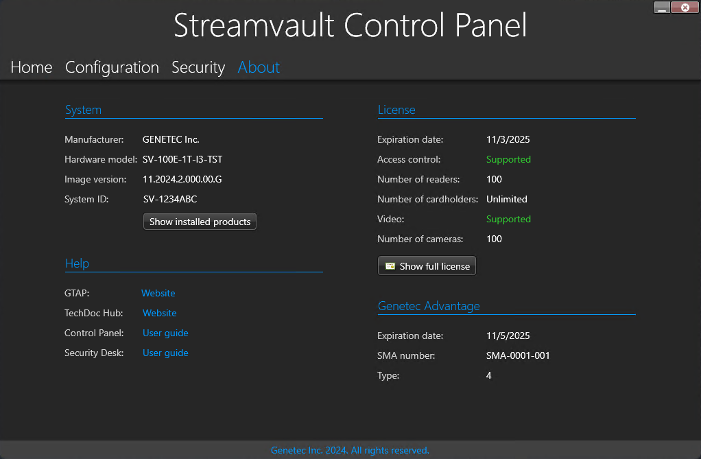 SV Control Panel showing the About page.