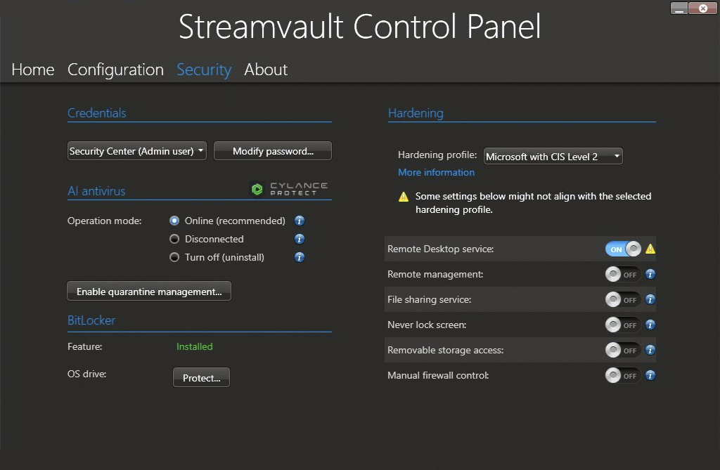 The Security page of the Streamvault Control Panel.
