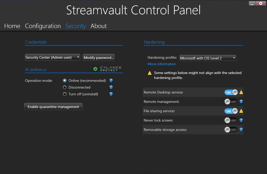 The Security page of the Streamvault Control Panel.