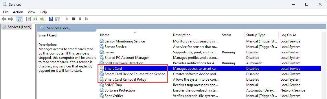 Enabling Smart Card services through the Windows Services application.