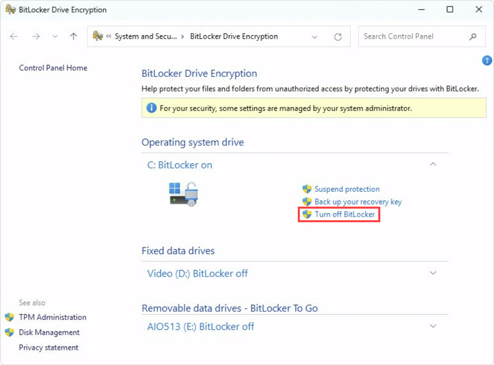 Fenêtre Chiffrement de lecteur BitLocker avec l'option Désactiver BitLocker sélectionnée.