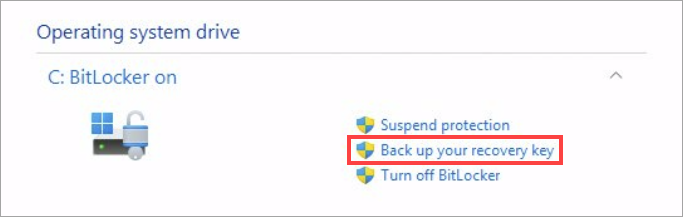 Fenêtre Chiffrement de lecteur BitLocker - Option Sauvegarder votre clé de récupération sélectionnée dans la section Lecteur du système d'exploitation.