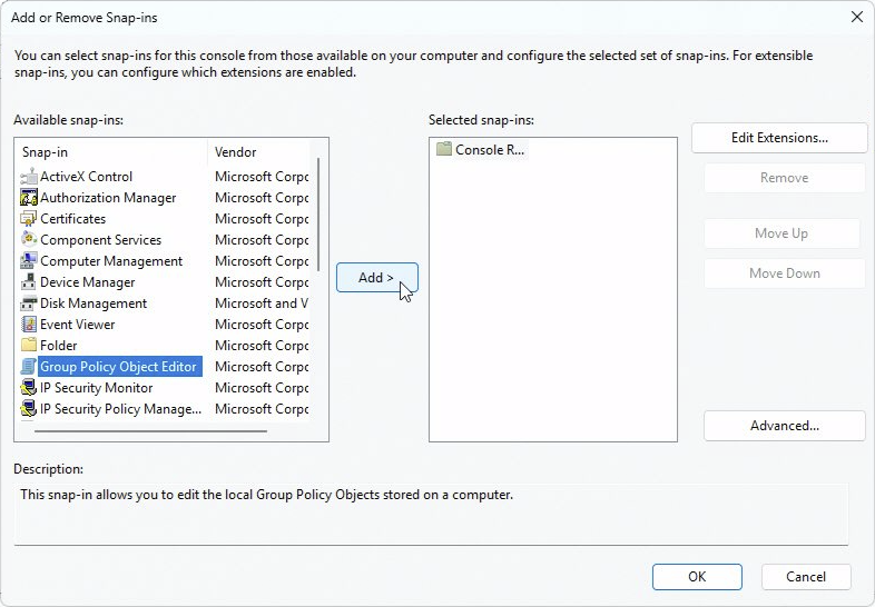 Fenêtre Ajouter ou supprimer des composants logiciels enfichables - Ajout du composant logiciel enfichable Éditeur d'objets de stratégie de groupe.