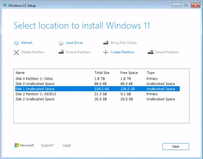 Assistant d'installation de Windows 11 - Espace non alloué sur le disque du SE sélectionné.