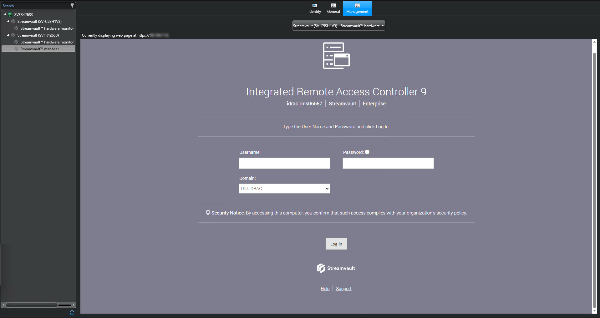 Gestionnaire Streamvault - Onglet Gestion montrant la page web iDRAC pour un serveur Streamvault compatible iDRAC.