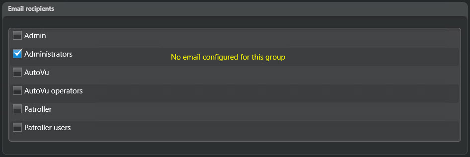 Surveillance de matériel Streamvault - Section Destinataires d'e-mails dans l'onglet Général.