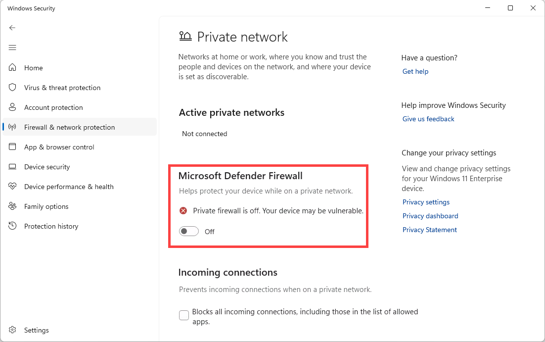Pare-feu Windows et protection réseau - Microsoft Defender Firewall affichant le pare-feu désactivé.