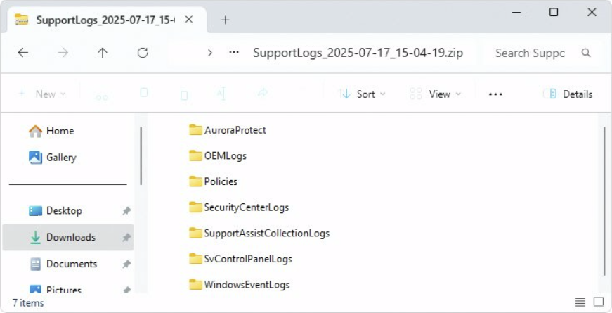 Contenu du dossier .zip des journaux d'assistance téléchargés.