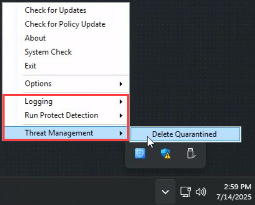 Les options de journalisation, de détection de protection d'exécution et de gestion des menaces ont été ajoutées au menu contextuel de l'icône Aurora Protect dans la barre des tâches Windows.