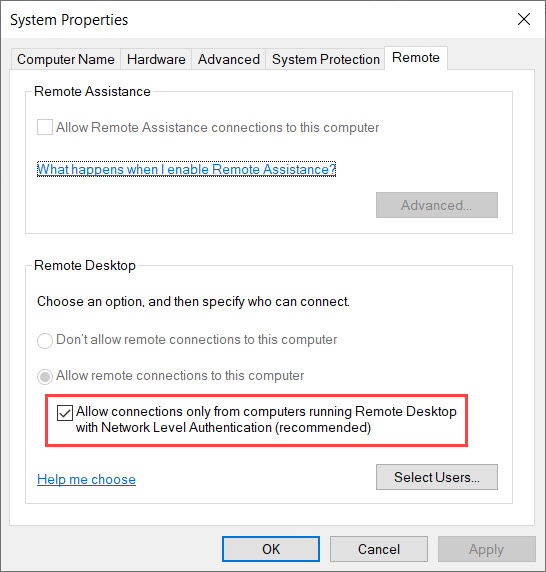 Boîte de dialogue Panneau de configuration - Propriétés système affichant l'onglet Utilisation à distance.