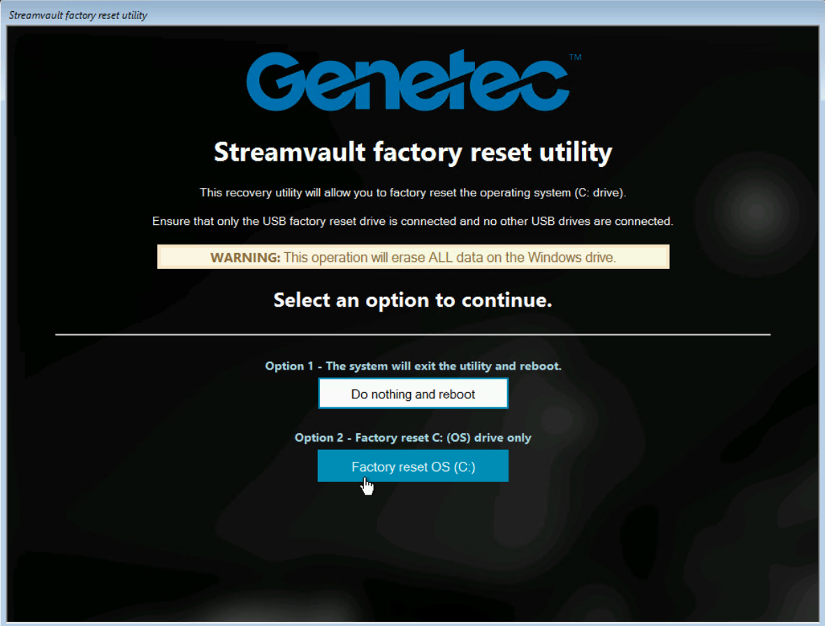 Streamvault Factory Reset Utility avec l'option Rétablir les réglages d'usine du SE (C:) sélectionnée.