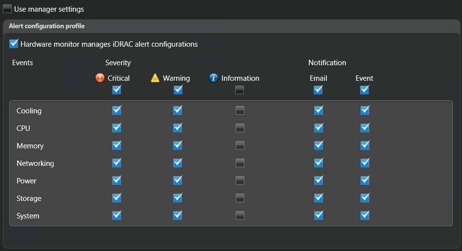 Surveillance de matériel Streamvault - Section Profil de configuration d'alerte pour les modèles Streamvault compatibles iDRAC.